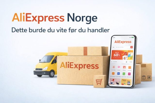 AliExpress Norge guide med mobil, pakker og logo