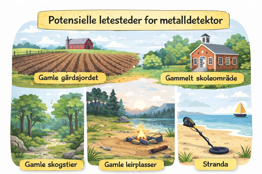 Tegnet oversiktsbilde som viser hvor du kan bruke metalldetektor: gamle gårdsjordet, gammelt skoleområde, skogstier og stranda.